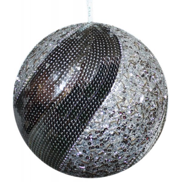 Χριστουγεννιάτικη Μπάλα Οροφής Ασημί, με Πούλιες και Χάντρες (15cm)
